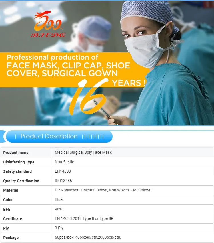 Bfe 98% Qualified 3-Ply Single Use Medical Face Mask with Ear Loop