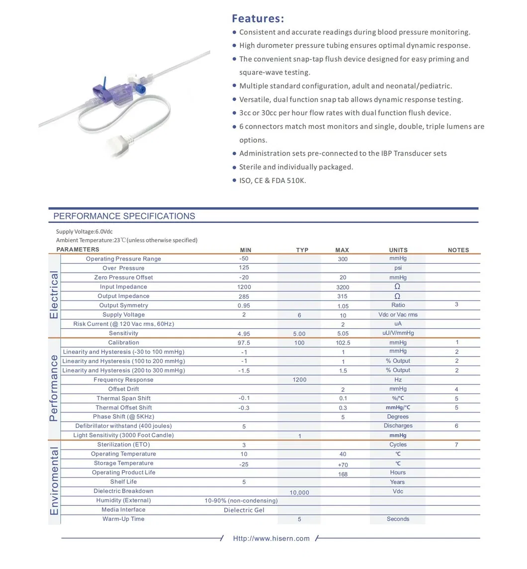 China Dbpt-1003 Hisern Medical Disposable Blood Pressure Transducer