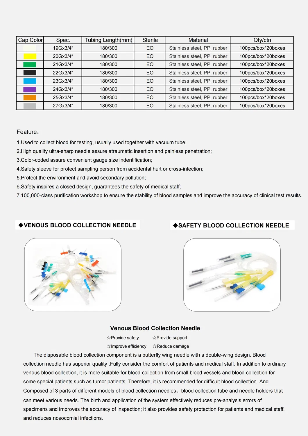 Disposable IV Butterfly Needle Blood Collection 20g 21g 22g 23G 24G 25g