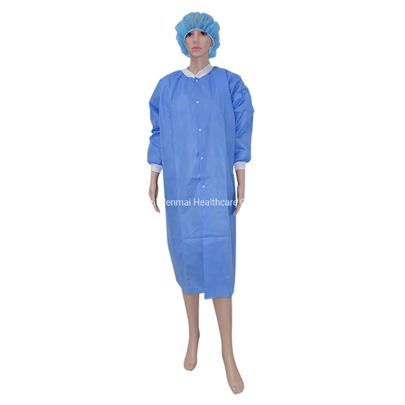 Disposable PP SMS Non Woven Lab Coat with Knitted Cuffs and Collar