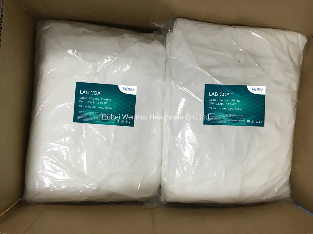 Disposable PP SMS Non Woven Lab Coat with Knitted Cuffs and Collar