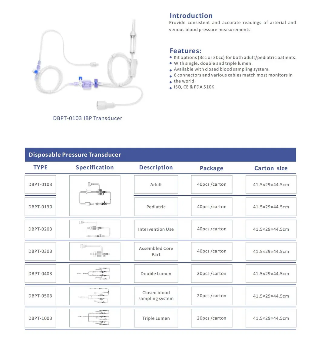Factory Surgical Dbpt-1003 Hisern Disposable Medical Blood Pressure Transducers