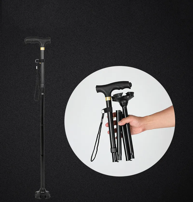 Foldable Walking Cane with LED Light Non-Slip Handle, Portable10 Adjustable Height Crutches, Multi-Function Sticks for Men Women Esg12931