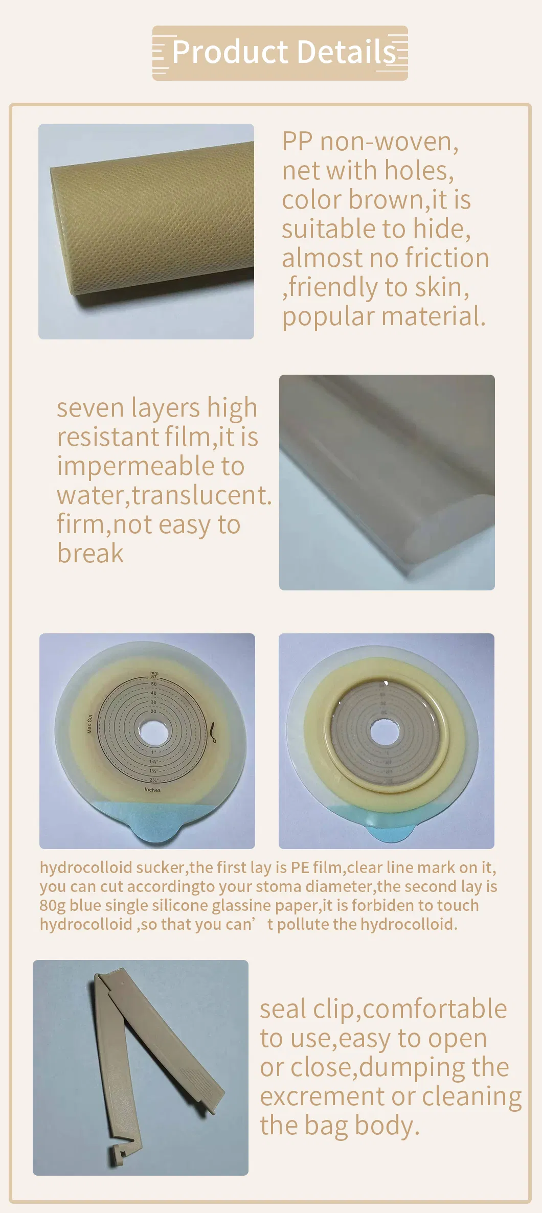 Material Medical Instrument Brown Non-Woven Two Piece Hydrocolloid Ostomy Clip Bag Recycle Illeostomy